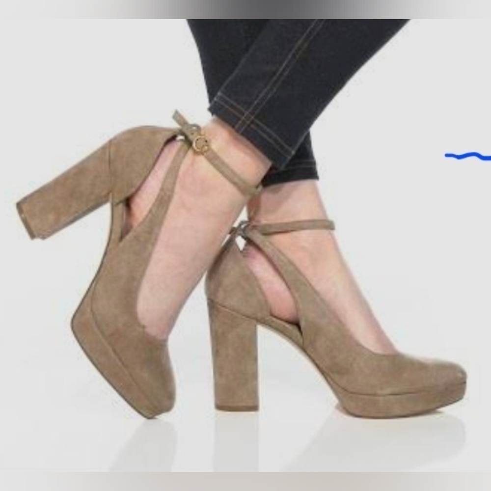 Cole Haan Remi Sz 10 Platform Beige Irish Coffee Suede Ankle Strap Heeled SPOT